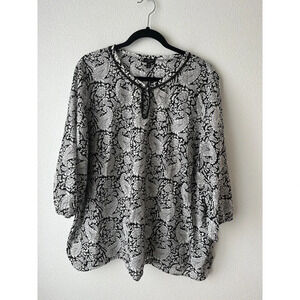 Talbots 2X Paisley Popover Blouse Top Black White Long Sleeve Embroidered Office